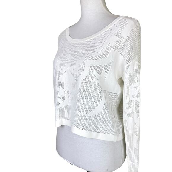 Parker White Sheer Long Sleeve Scroll Pattern Knit Layering Cropped Top Sweater - Picture 5 of 12